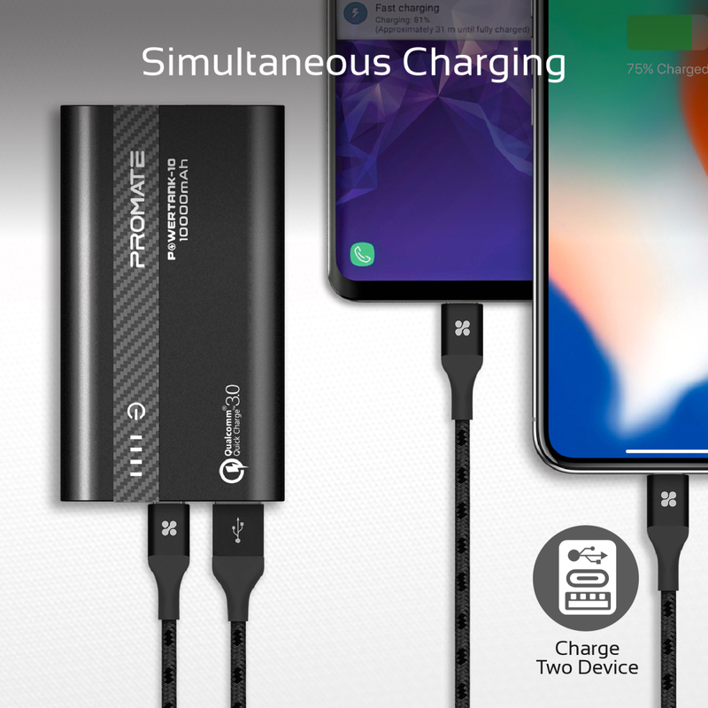 Promate 10000mAh PowerTank-10 USB-C Power Bank, Compact Palm Size 18W USB Type-C Input /Output Power Delivery External Battery Charger with QC 3.0 Port for iPhone XS /XS Max, Samsung S9/S9+, Black
